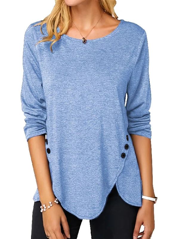 Irregular Hem Button Crew Casual Loose Long Sleeve Fashion T-Shirts Tops Front Pockets Side Pockets Patch Pockets