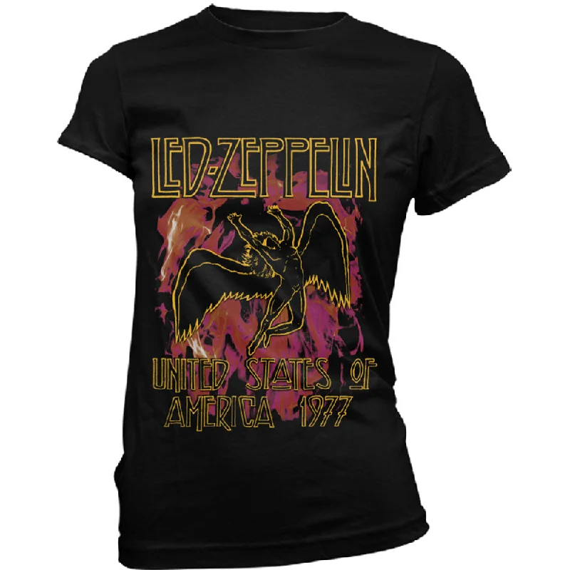 Led Zeppelin Black Flames Ladies T-Shirt Asymmetrical Pockets Print