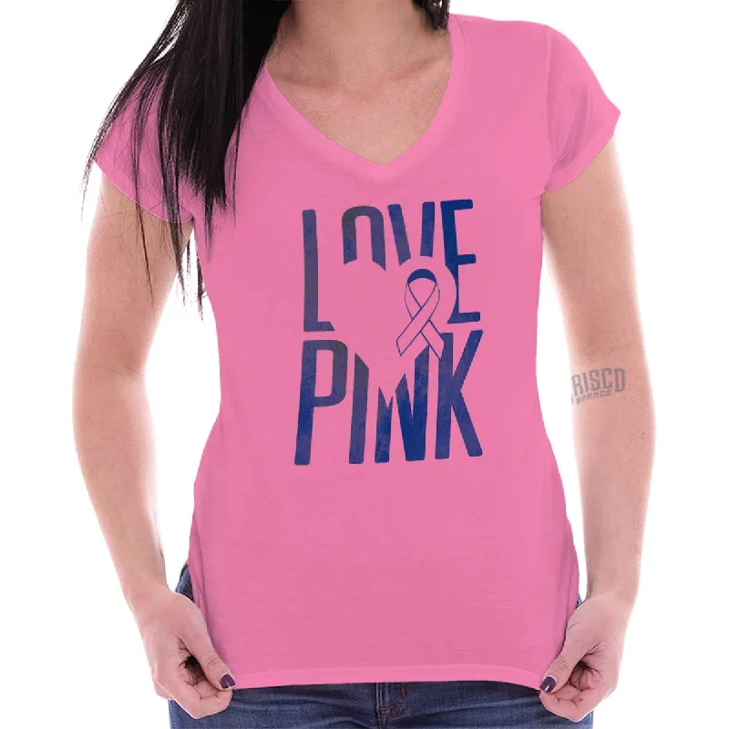 Breast Cancer Awareness Junior Fit V-Neck T Shirt Silk Blend Satin Velvet