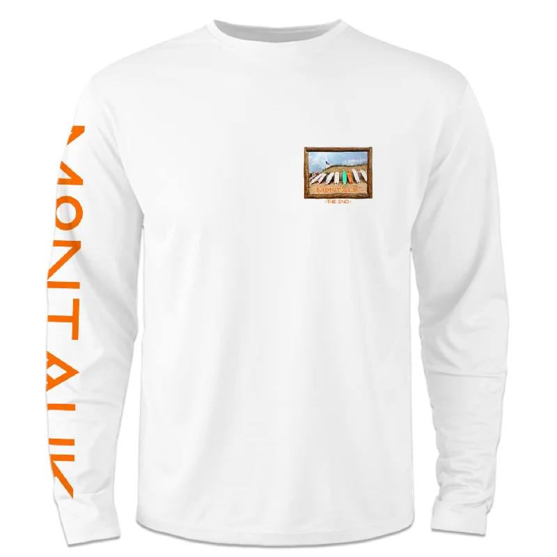 Men's Montauk Surf and Sports Montauk The End Vintage Surf Boards Long Sleeve Tee Cashmere Blend Cotton Blend Poly Blend