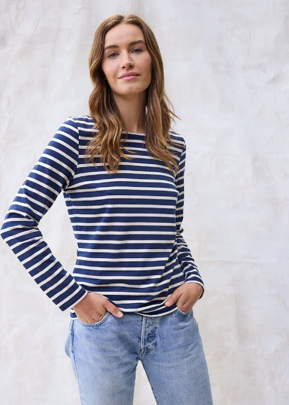 MINQUIDAME - Breton Striped Shirt with Long Sleeve | Soft Cotton | Women Fit (NAVY / ECRU) Fleece Fabric Down Fabric Feather Fabric