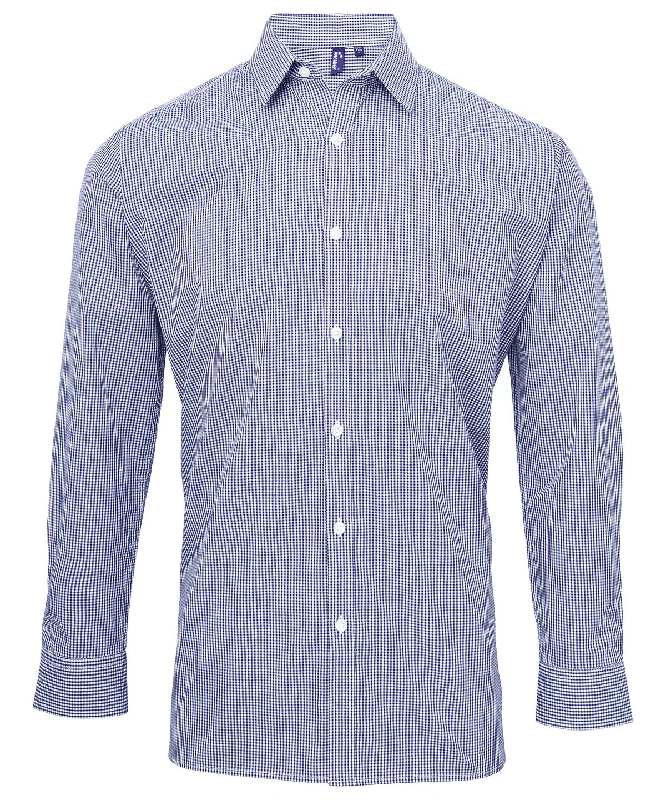 Navy/White - Microcheck (Gingham) long sleeve cotton shirt Iron Safe Non-Iron Wrinkle Free