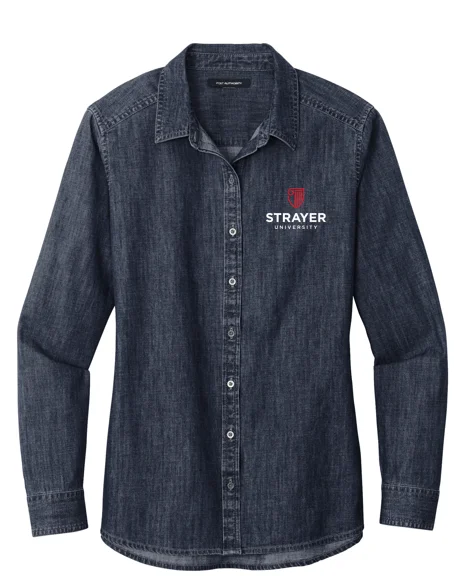 NEW STRAYER Port Authority® Ladies Long Sleeve Perfect Denim Shirt - Dark Wash Polka Dot Checkered Tartan