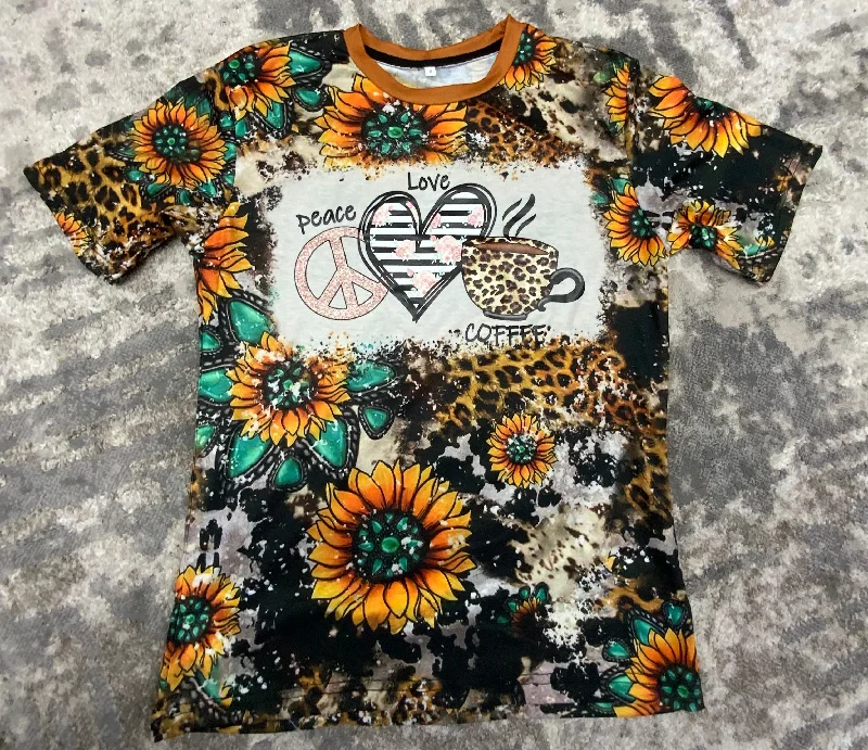 PEACE-LOVE-COFFEE- Cow Print, Cheetah, Sunflower Teal Bleach Printed T-shirt Striped Floral Plaid