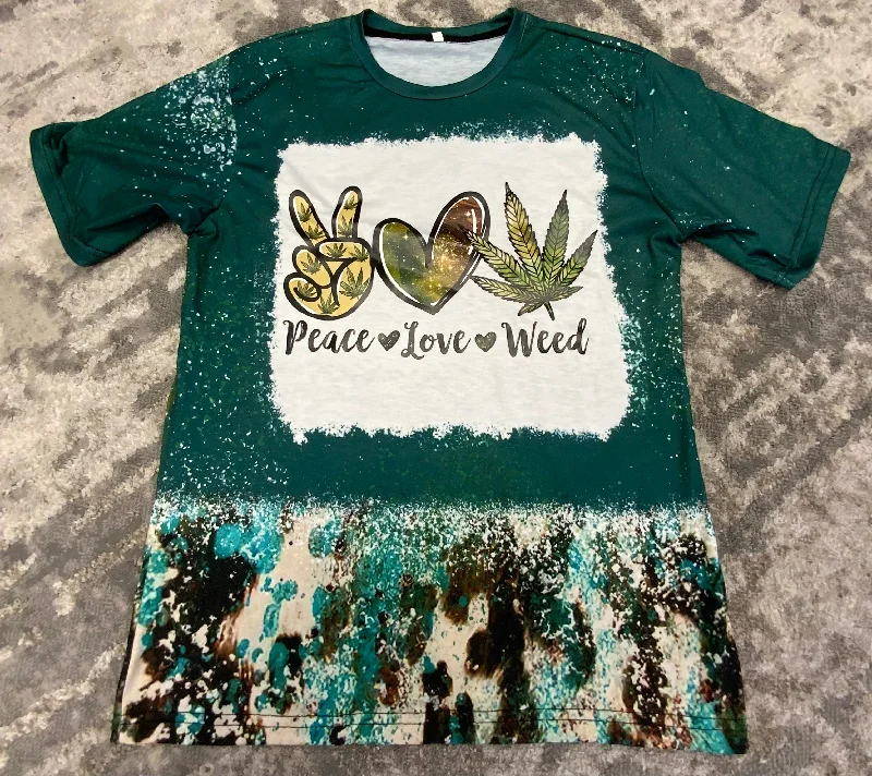 PEACE-LOVE-WEED-Cow Print Teal Splatter GREEN Bleached T-shirt Fitted T-Shirt Seamless Stretchy