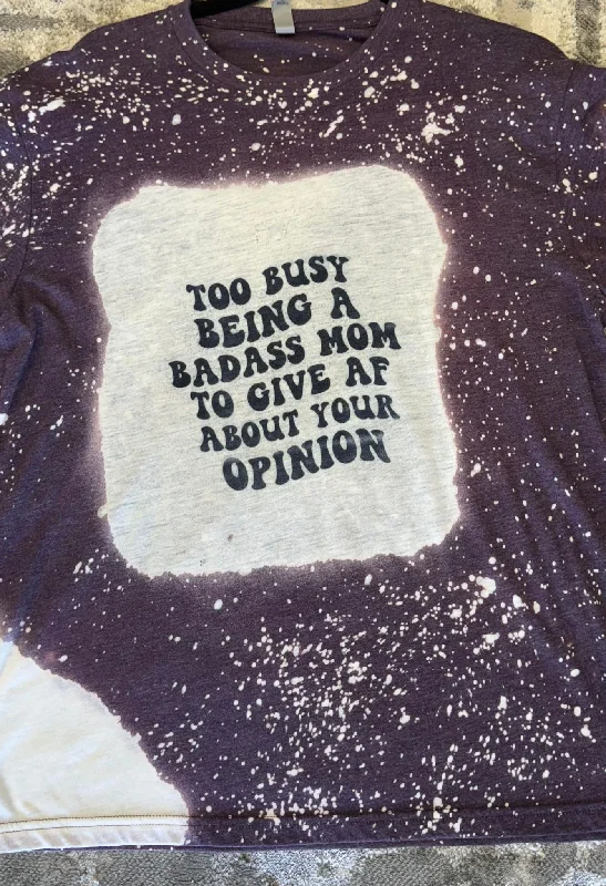 Purple & White Splattered T-Shirt Too Busy Being A Badass Mom To Give Af About Your Opiniom Embroidered Appliqued Beaded