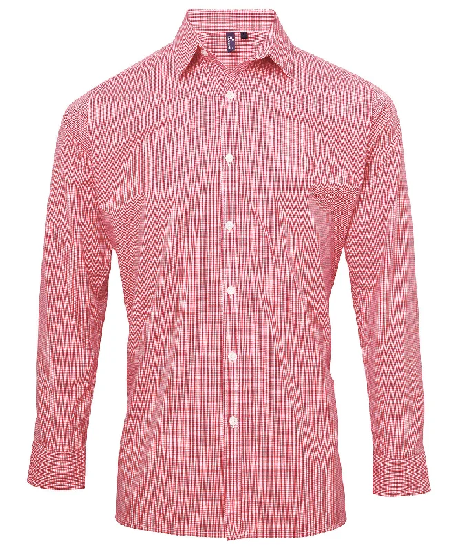 Red/White - Microcheck (Gingham) long sleeve cotton shirt Hooded Caped Shawl Collar