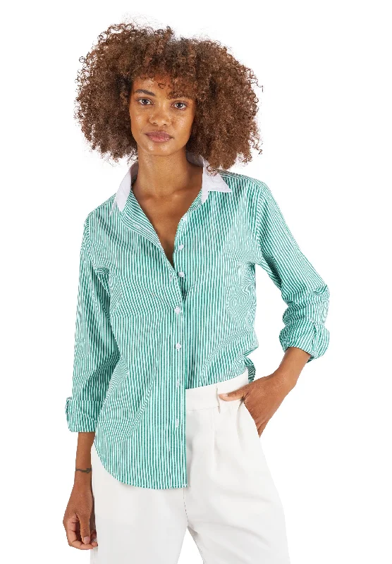 Riga Green and White Stripes Classic Fit Poplin Cotton Shirt Collared Crew Neck Turtle Neck