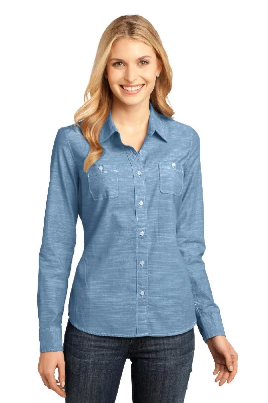 District Made - Ladies Long Sleeve Washed Woven Shirt. DM4800 Houndstooth Herringbone Solid