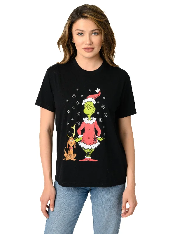 Women's and Women's Plus Dr. Seuss Grinch & Max T-Shirt Christmas Holiday Black Polka Dot Checkered Tartan