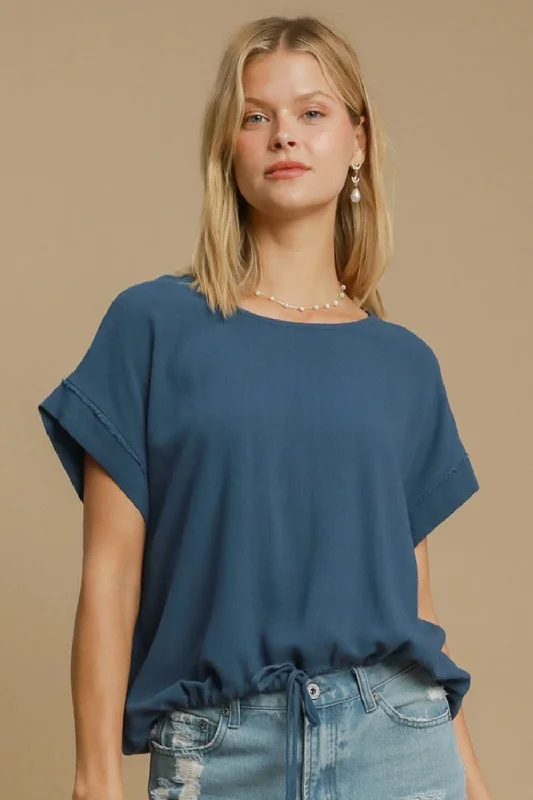 Umgee Drawstring Hem Round Neck Short Sleeve T-Shirt - Blue Zippered Front Buttoned Front Snap Front