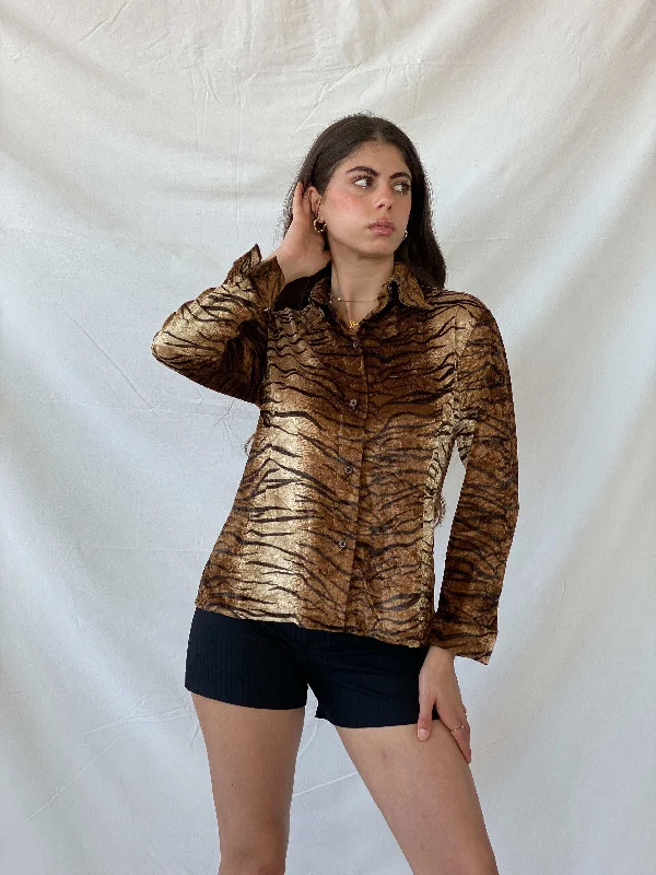 Vintage 90s Podyum Tiger Print Velvet Shirt - M Collared T-Shirt Boat Neck A-Line