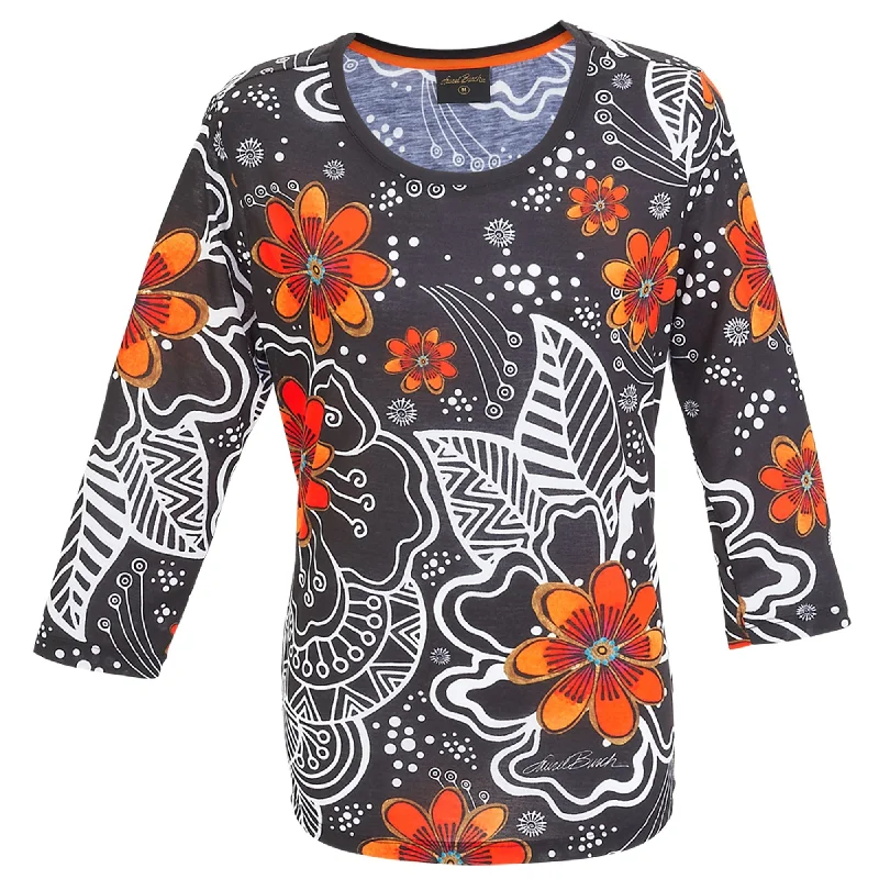 Black-White-Bright Floral Women's T-Shirt - 3/4 Sleeve Hooded Caped Shawl Collar