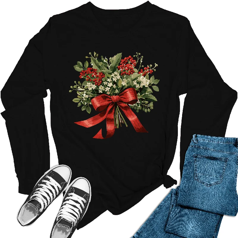 Women's Cute Mistletoe Christmas Floral Holiday Long Sleeve Graphic Tees Terry Blend Velvet Blend Canvas Blend