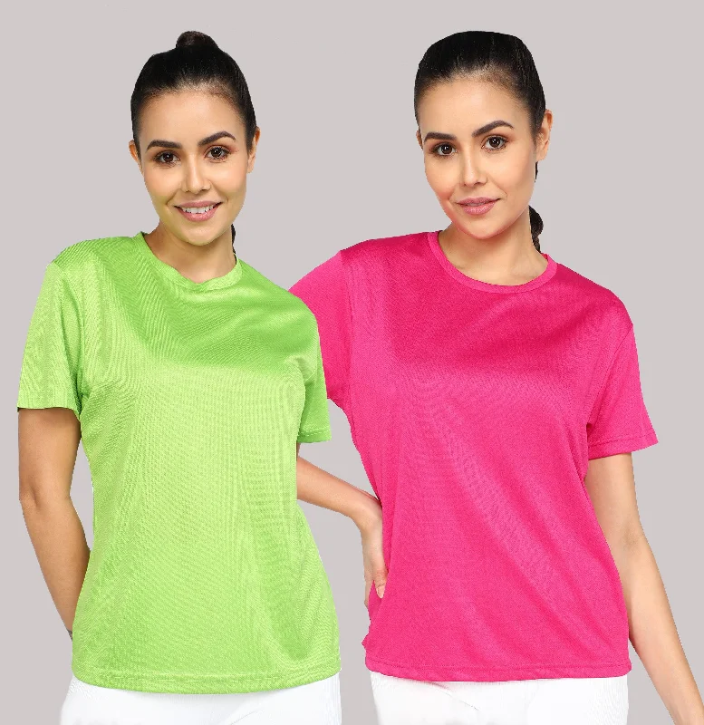 Womens Dry-Fit Sports Combo T.shirt (Green & Pink) Solid Print Embellished